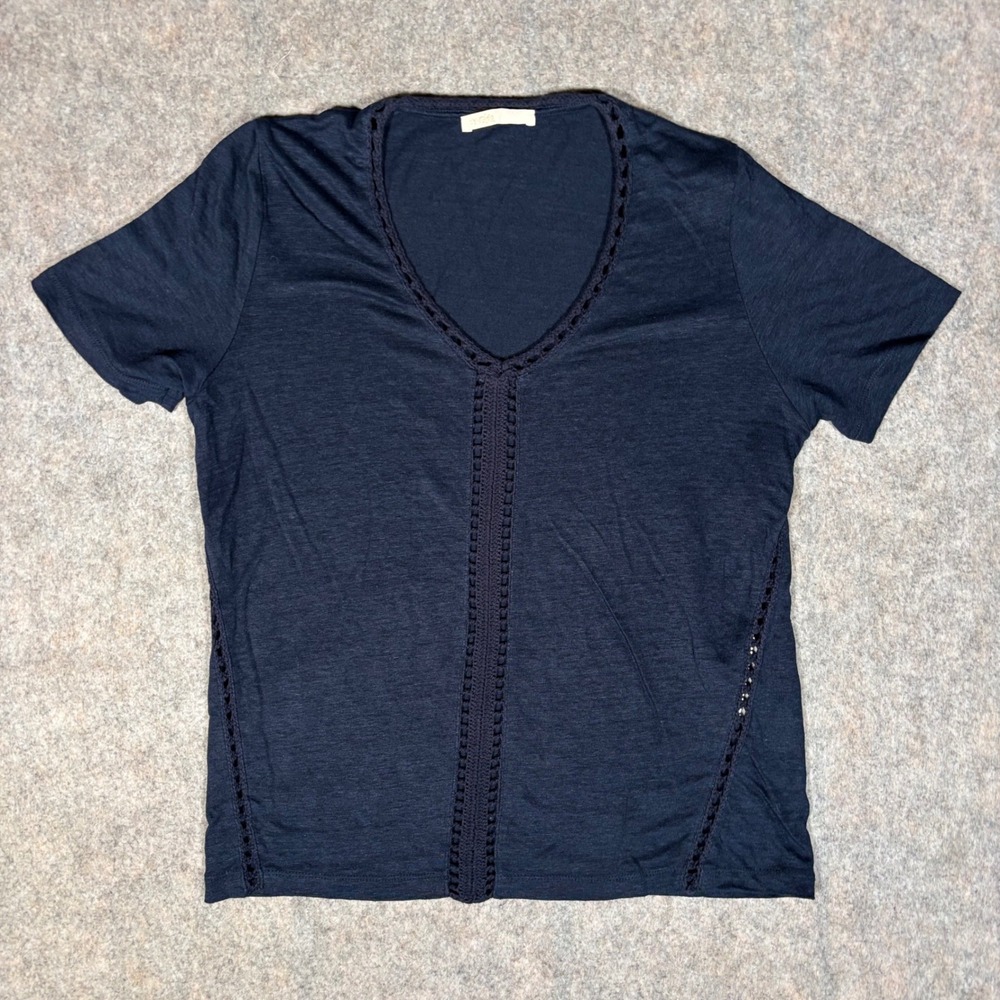 Maje T-Shirt Womens S Navy Blue Crochet Lace Trim V-Neck Short Sleeve E18TYO